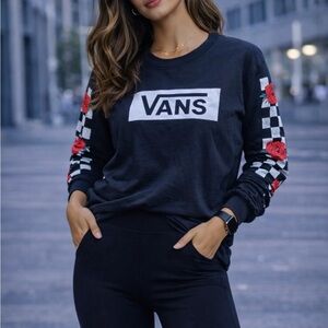 Vans Women's Black Long Sleeve Top with Checkered Rose Sleeves Small